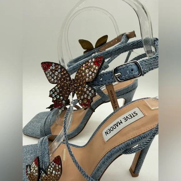 Steve Madden Uma/Uma Denim Butterfly Rhinestone Stiletto Heels Embellished Ankle - Picture 17 of 17